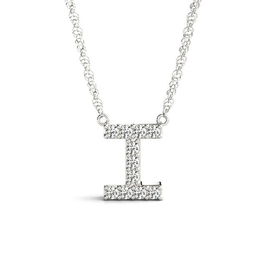 Diamond "I" pendant on white gold chain.
