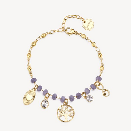 Station Color Gemstone Bracelet in Stainless Steel Yellow Various Shapes Crystal