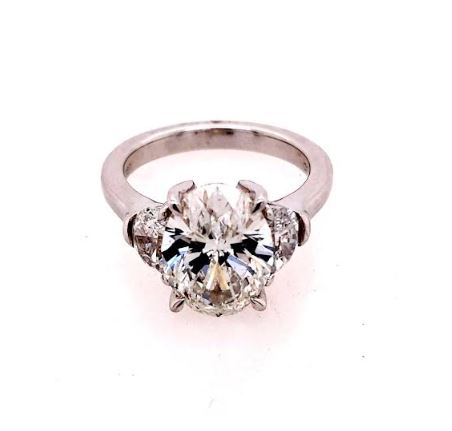 Three Stone Lab-Grown Diamond Complete Engagement Ring in 14 Karat White with 4.13ctw G SI1 Oval Lab Grown Diamond