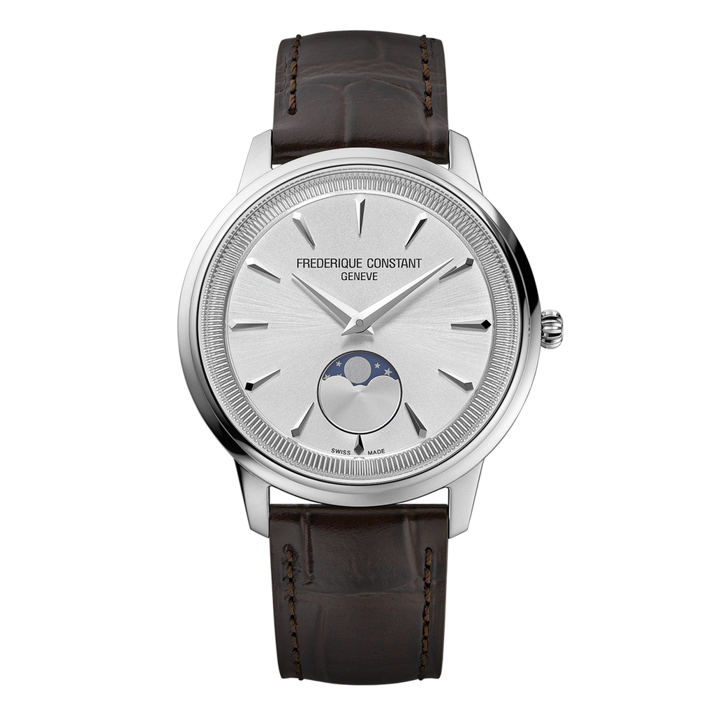 Silver dial watch with moon phase display.