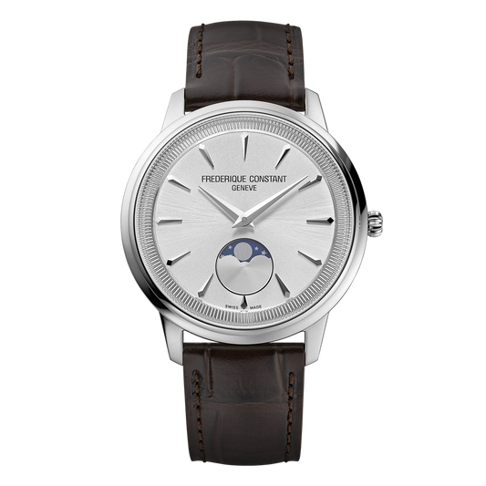 Silver dial watch with moon phase display.