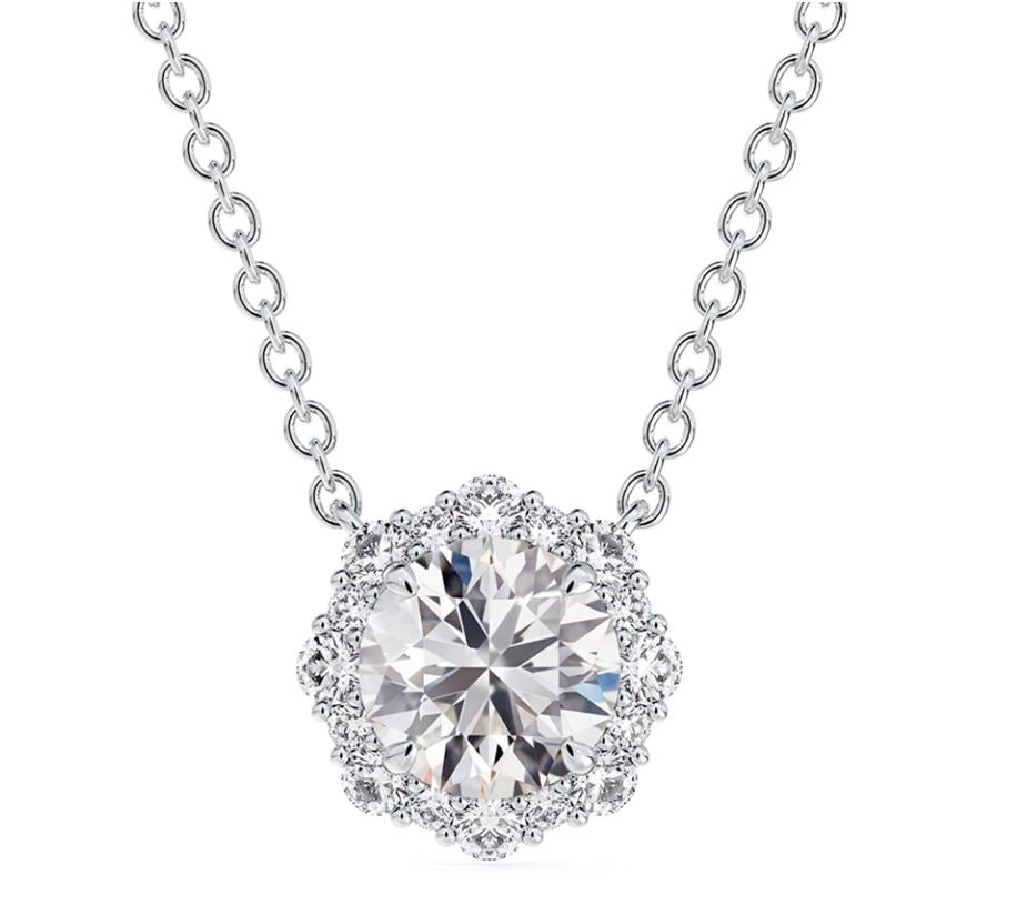 Platinum necklace with round diamond halo.