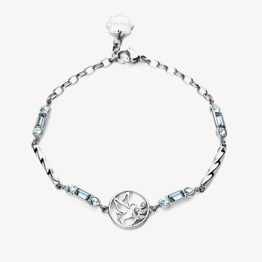 Stainless steel bracelet with blue gemstones.