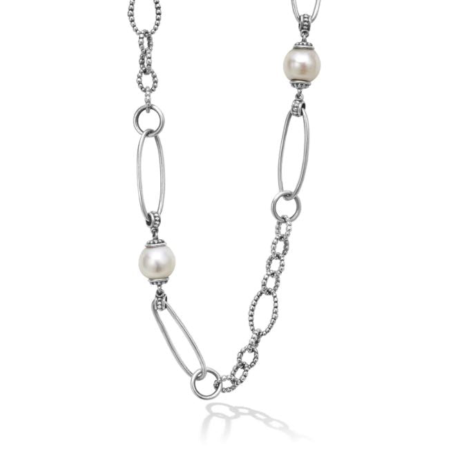 Station Luna Collection Color Gemstone Necklace in Sterling Silver White with 5 Freshwater Pearls