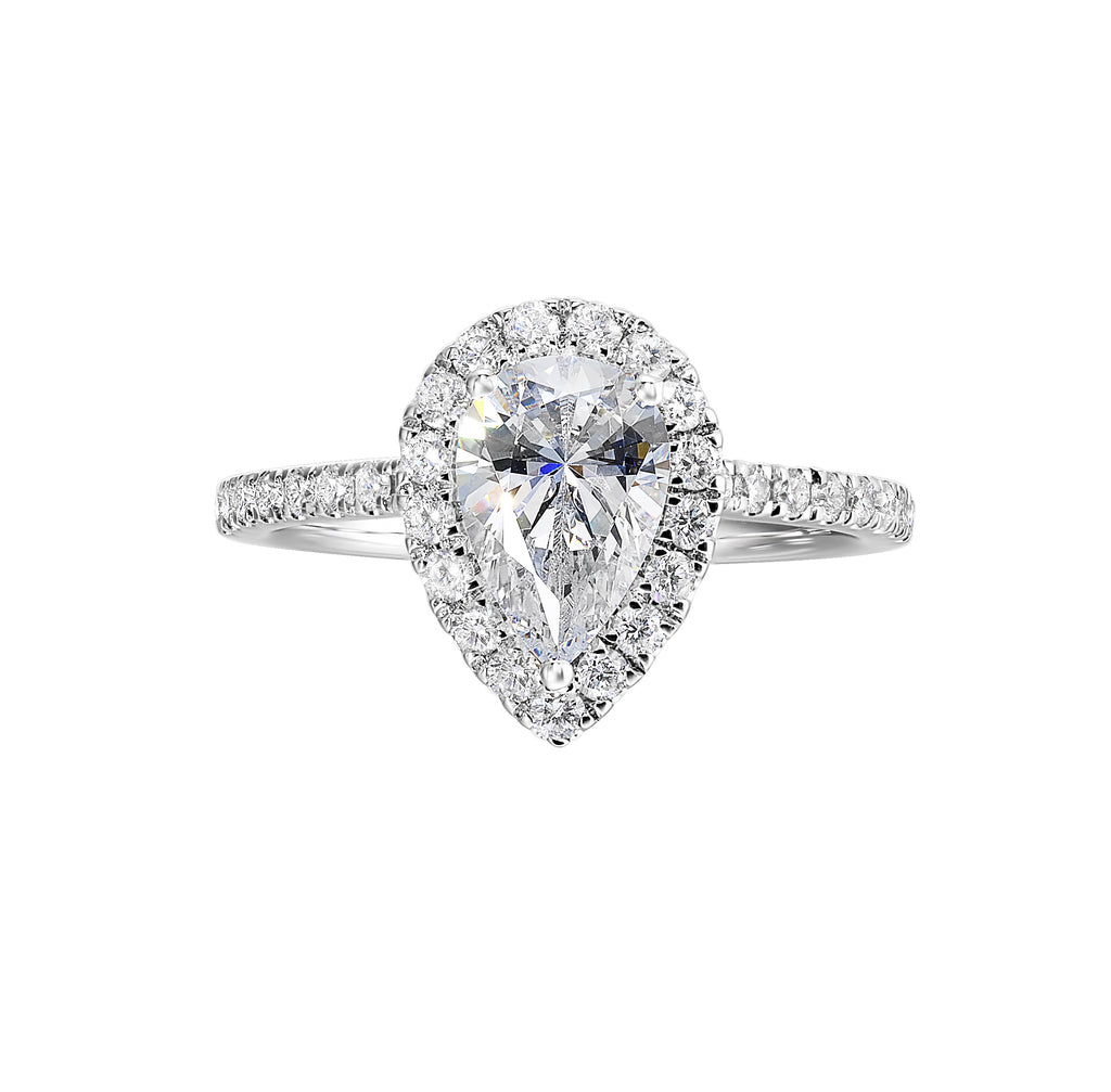 Pear-shaped diamond halo engagement ring.
