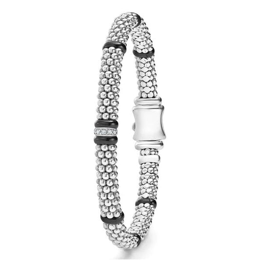 Black Caviar Collection Natural Diamond Bracelet in Sterling Silver - Ceramic White - Black with 0.05ctw Round Diamonds