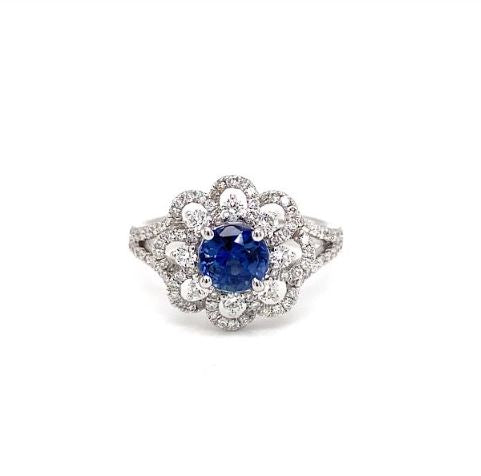 Color Gemstone Ring in 14 Karat White with 1 Round Sapphire 1.24ctw