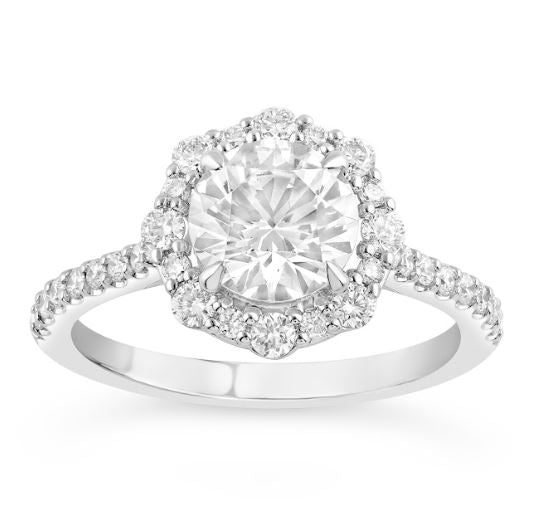 Halo Lab-Grown Diamond Semi-Mount Engagement Ring in 14 Karat White with 32 Round Lab Grown Diamonds, Color: F/G, Clarity: VS, totaling 0.64ctw