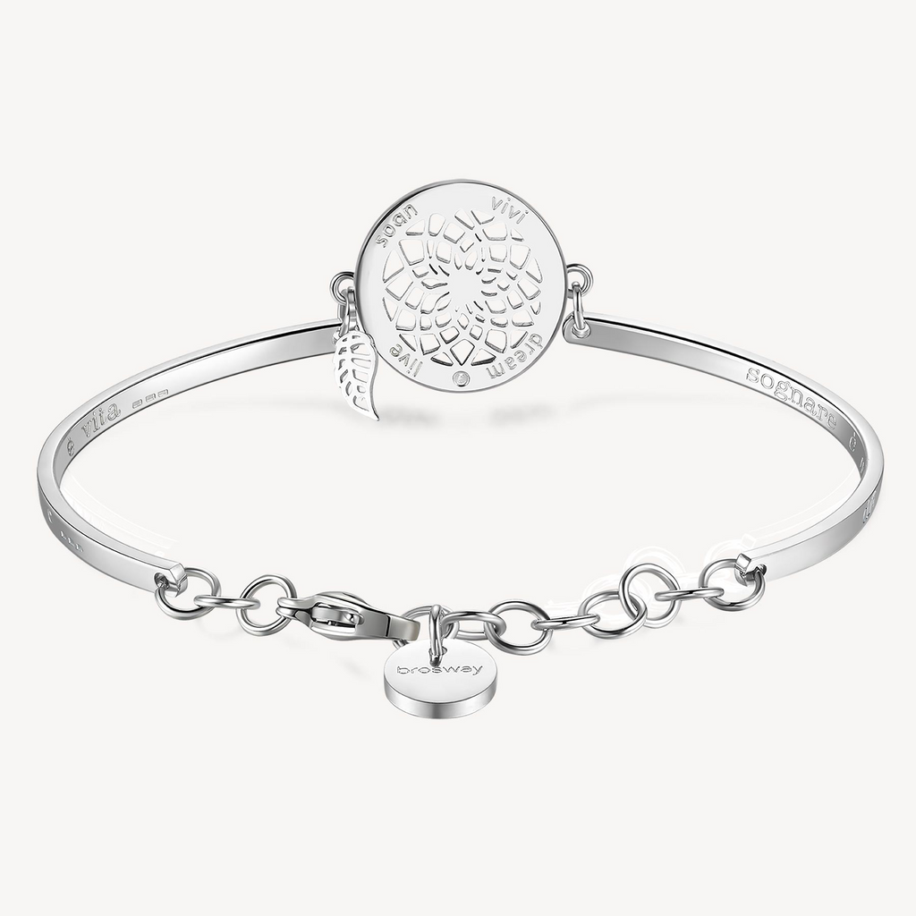 Stainless steel charm bracelet with round pendant.