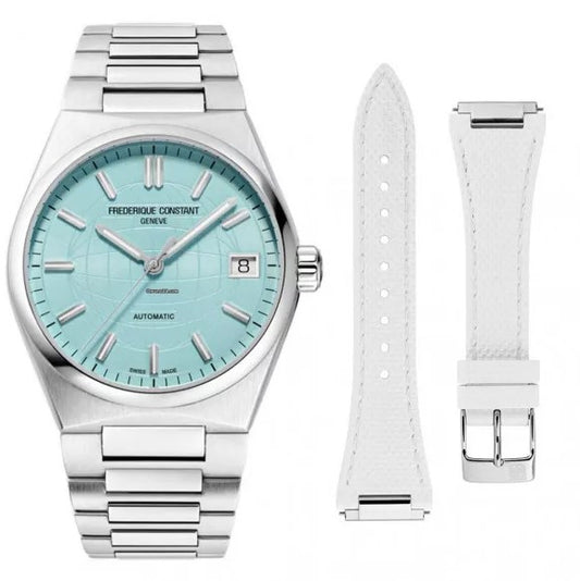 Stainless steel watch with turquoise dial.