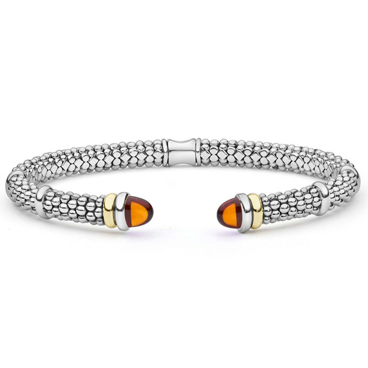 Lagos Signature Caviar Collection Cuff Color Gemstone Bracelet in Sterling Silver - 14 Karat White - Yellow with 2 Cabochon Citrines