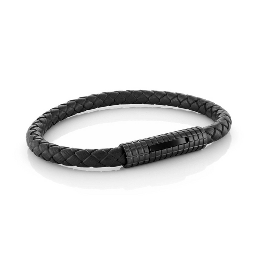 Braided black leather bracelet with clasp.