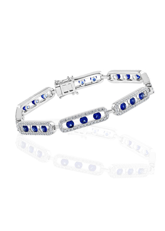 ReMARKable Designs Precious Color Collection Fancy Link Color Gemstone Bracelet in 14 Karat White Gold with 24 Round Sapphires 3.09ctw