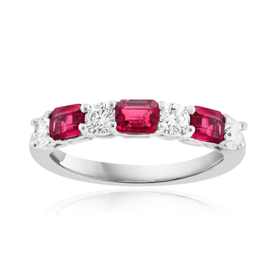 David Kord Color Gemstone Band in 14 Karat White Gold with 3 Emerald Rubies 0.90ctw, Size 6.25