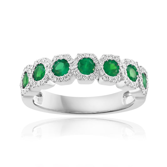 ReMARKABLE Designs Color Gemstone Band in 14 Karat White Gold with 7 Round Emeralds 0.62ctw