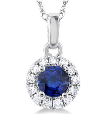Sapphire pendant with diamond halo in white gold.