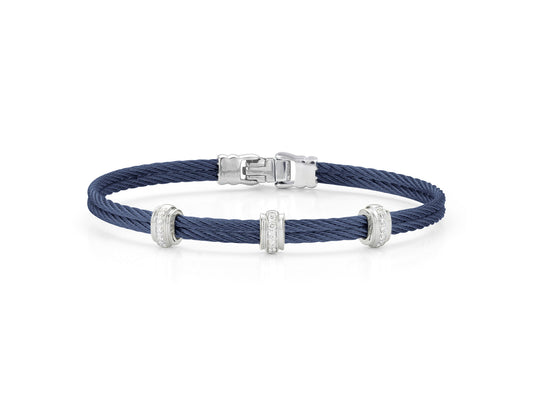 Natural Diamond Bracelet in Stainless Steel Cable - 18 Karat White - Blue with 0.13ctw Round Diamond