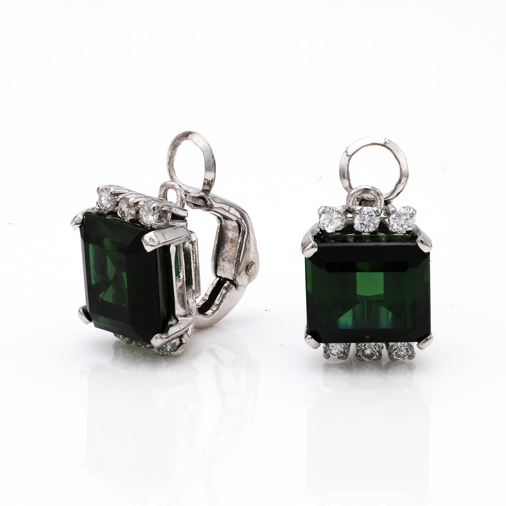 Emerald green tourmaline earrings with diamonds.
