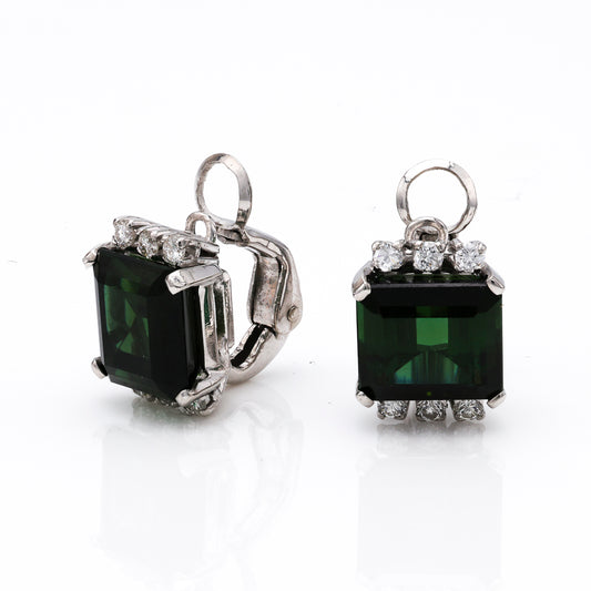 Emerald green tourmaline earrings with diamonds.