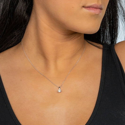 Round diamond pendant on white gold chain.