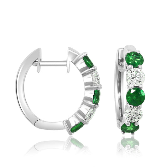 14K white gold hoops, emeralds, diamonds.