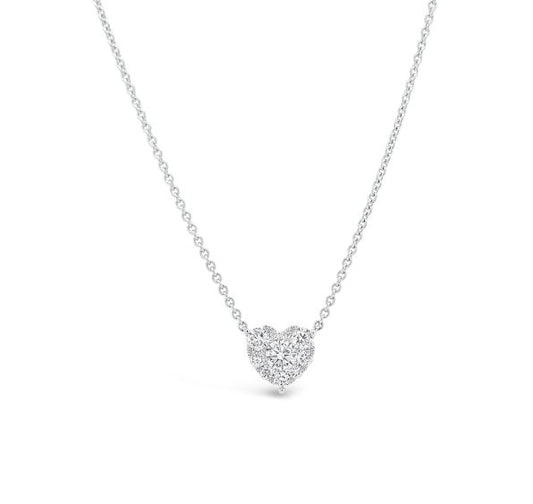 Heart-shaped diamond necklace in white gold.