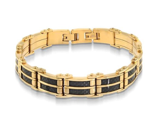 Stainless steel bracelet with black, yellow accents.