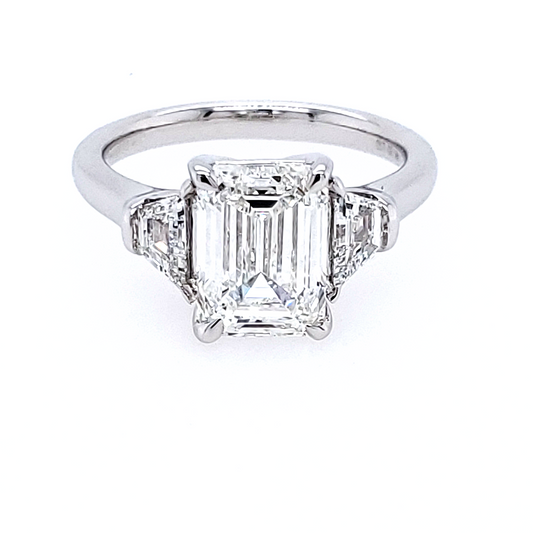 Three Stone Lab-Grown Diamond Complete Engagement Ring in 14 Karat White with 3.01ctw F VS1 Emerald Lab Grown Diamond