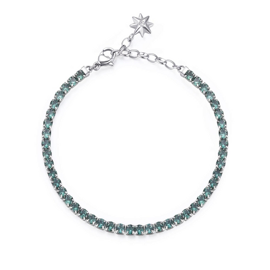 Stainless steel bracelet with green stones.