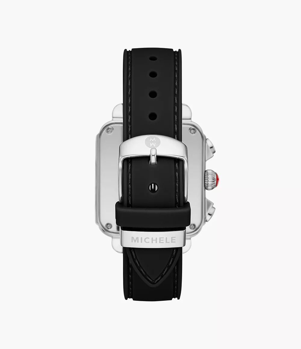 Stainless steel watch with black leather strap.
