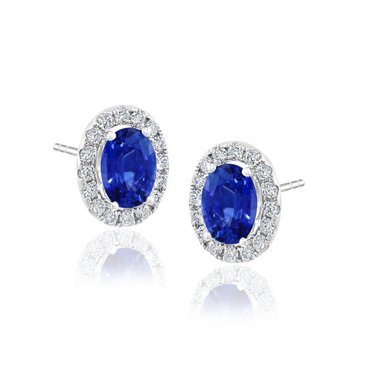 ReMARKABLE Designs Stud Color Gemstone Earrings in 14 Karat White Gold with 2 Oval Sapphires 1.07ctw
