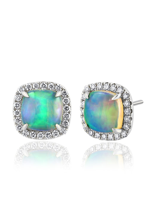 David Kord Precious Color Collection Stud Color Gemstone Earrings in 14 Karat White Gold with 2 Cushion Opals 4.00ctw
