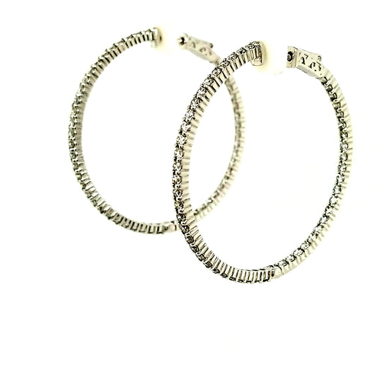 Large Hoop Natural Diamond Earrings in 14 Karat White with 2.95ctw Round Diamonds