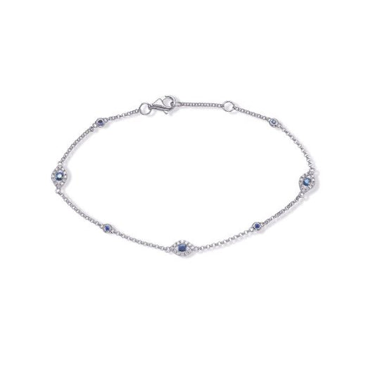 Station Color Gemstone Bracelet in 14 Karat White with 7 Round Sapphires 0.30ctw
