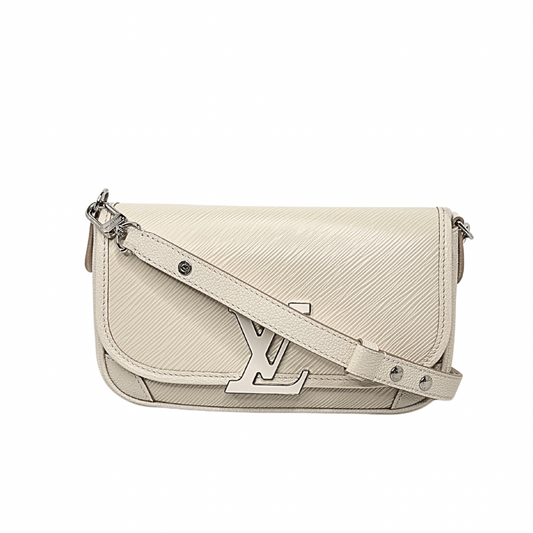 Quartz leather Louis Vuitton crossbody bag with silver hardware.