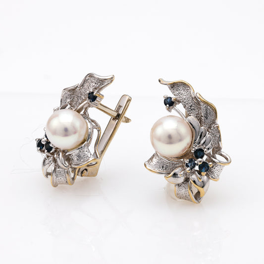 14K white gold earrings with pearls, sapphires.
