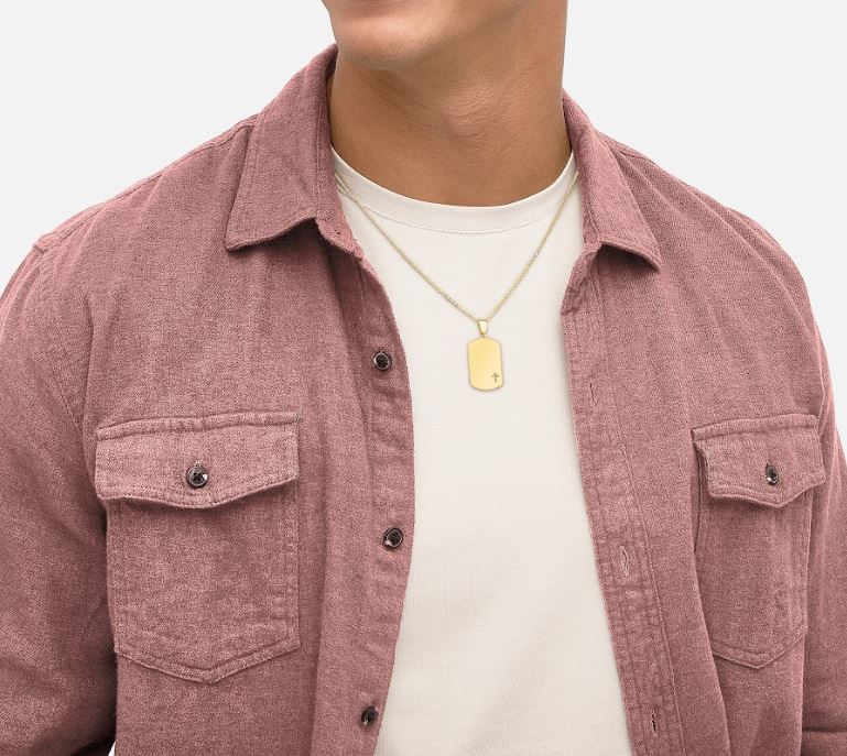 14K yellow gold cross necklace, no stones.