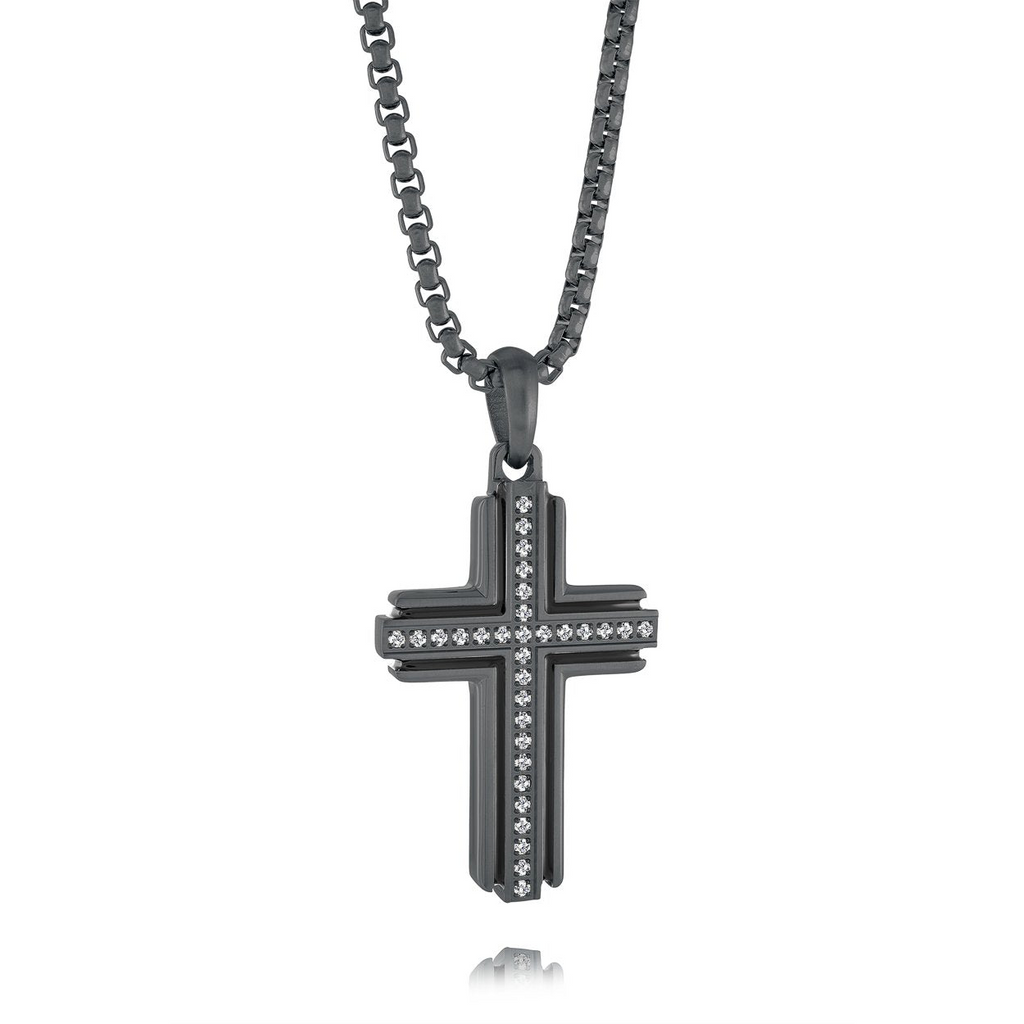 Black cross necklace with cubic zirconium.