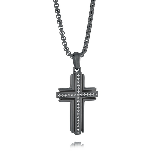 Black cross necklace with cubic zirconium.