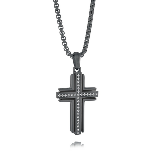 Cross Color Gemstone Necklace in Stainless Steel Black Round Black Cubic Zirconium