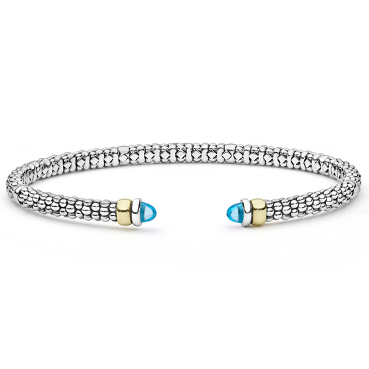 Lagos Signature Caviar Collection Cuff Color Gemstone Bracelet in Sterling Silver - 14 Karat White - Yellow with 2 Cabochon Blue Topazes