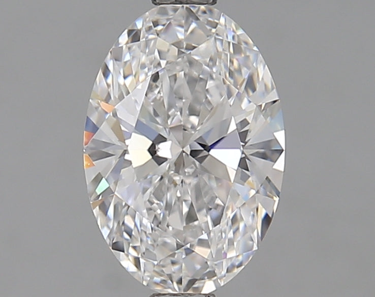 Oval-cut lab diamond with brilliant facets.