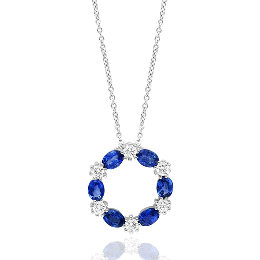 David Kord Circle Color Gemstone Necklace in 14 Karat White Gold with 6 Oval Sapphires 1.38ctw
