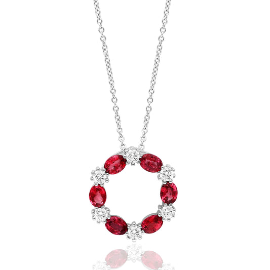 David Kord Circle Color Gemstone Necklace in 14 Karat White Gold with 6 Oval Rubies 1.30ctw