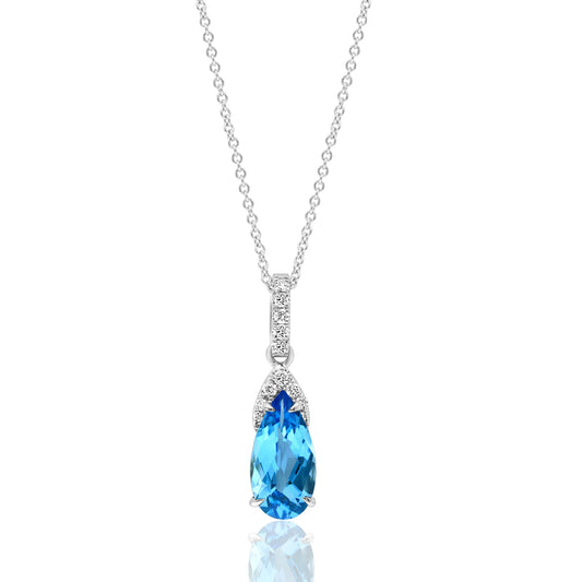 David Kord Pendant Color Gemstone Necklace in 18 Karat White with 1 Pear London Blue Topaz 2.27ctw