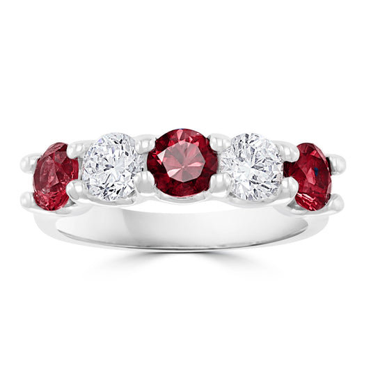 David Kord Color Gemstone Band in 14 Karat White Gold with 3 Round Rubies 0.88ctw, Size 5.75