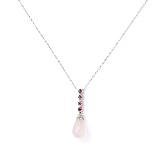 Rose quartz teardrop necklace with tourmalines.