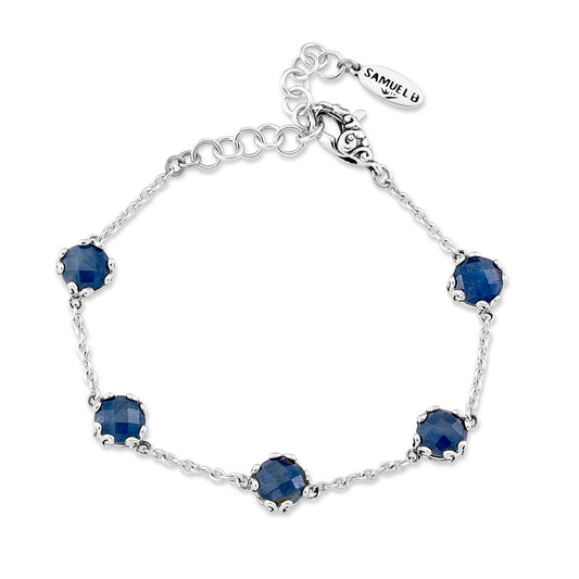 Station Color Gemstone Bracelet in Sterling Silver White with 5 Round Sapphires
