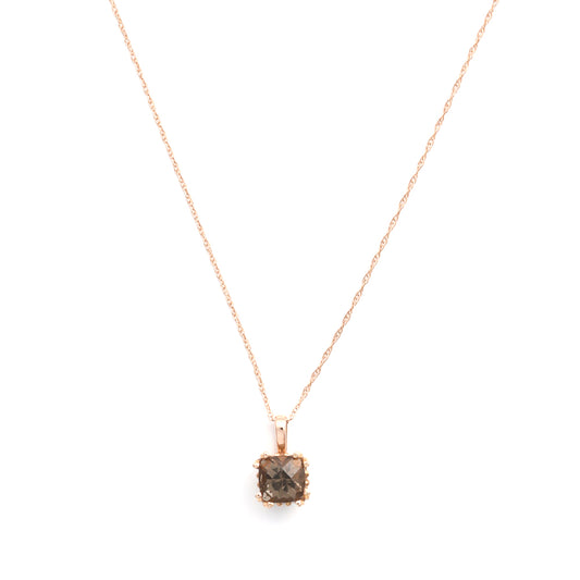 Cushion Smokey Quartz pendant on rose gold chain.