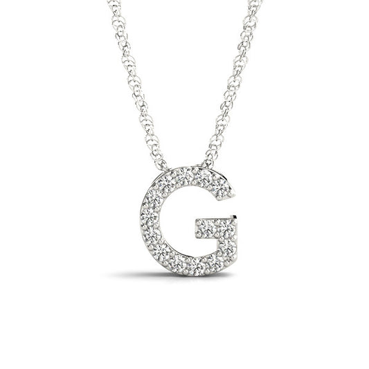 Initial "G" diamond necklace in white gold.